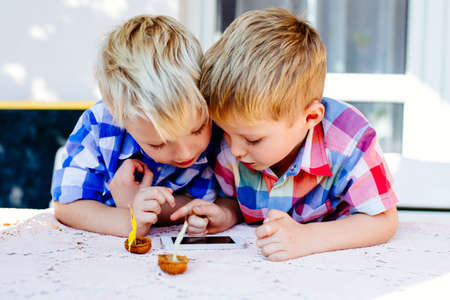 Twin brothers having fun with smartphoneの写真素材