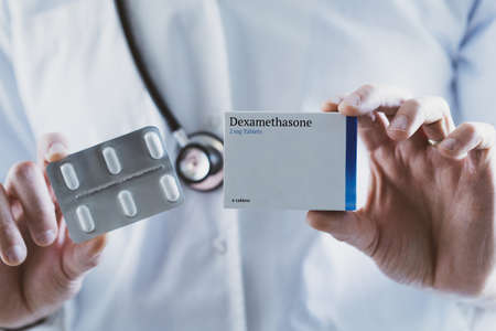 Doctor holding Dexamethasone steroid drugの写真素材