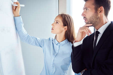 Coworkers working with flip chart. Businesspeople discussing strategyの写真素材