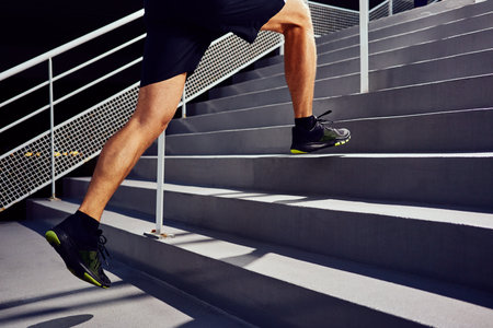 Athletic man running up staircase. Jogger working outの写真素材