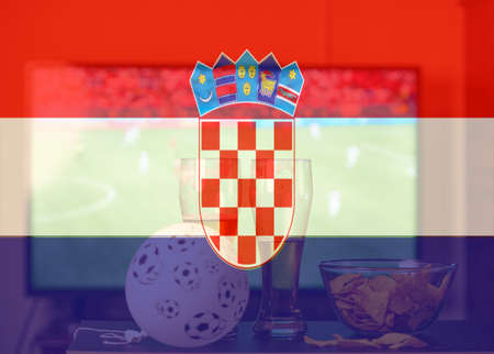 double exposure of croatian flag and cheering crowdの写真素材