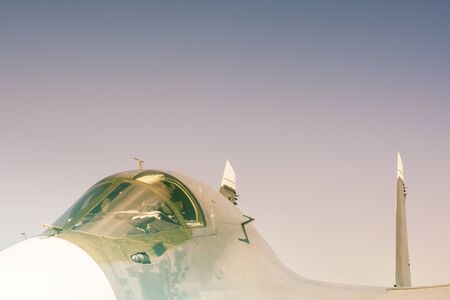 Vintage military aircraft. Combat jet in sepia.の写真素材