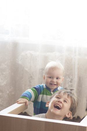 Two brothers boys play with each other and laughing and smiling much. Indoor with copy space on the topの写真素材