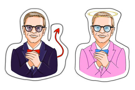 Good and bad guy. Cartoon saint nimb angel and demon man character. Two businessman true and false mood stickers.の写真素材