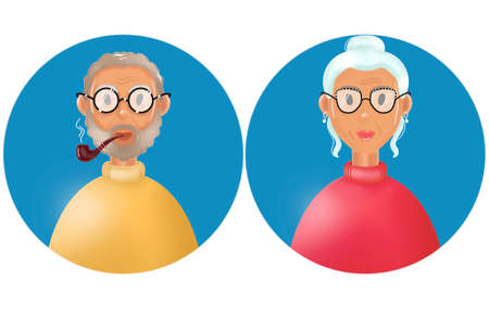 Elderly couple colorly illustration. 3D Personage Grandmother and grandfather. Grandparents together. Man and woman of old age. Portrait of happy senior people. Lady and gentleman whith smocking pipe.の写真素材