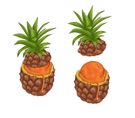 Food illustration of stuffed pineapple fruits with ice cream isolated on a white background.の写真素材