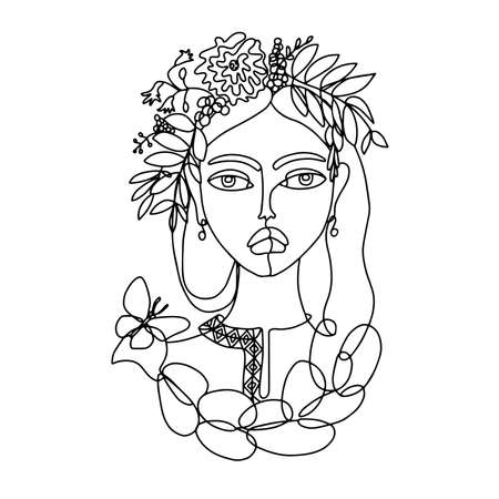 A girl in a wreath of flowers. A butterfly on a braid. Unusual abstract Female Portrait in one line art style. Linear sketch. Outline summer woman face. Fashion t-shirt print vector illustration.のイラスト素材