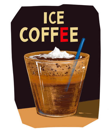 Drawing Iced coffee with ice cream in glass on dark black background. Poster, card, banner, menu, restaurant, bar, cafe illustration. Hand drawn sketch in pastel chalk style. Cold brew iced coffee glace.の写真素材