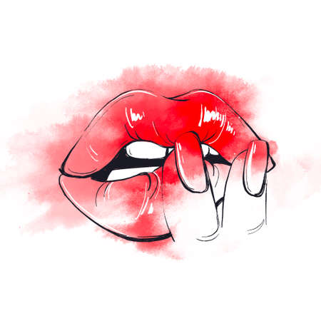 Female mouth with red lips and nails. Woman fingers on lip. Beauty and passion illustration. Love manicure. Print for makeup artist, nail master. Gloss lipstick, white teeth. Graphics and watercolor.の写真素材