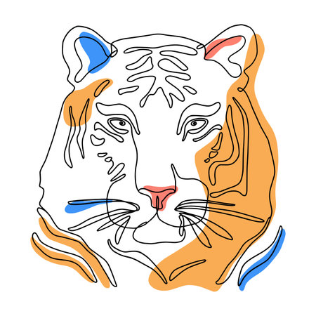 Tiger Head one line art drawing in trendy minimal style. Linear Portrait of a wild cat. Hand-drawn animal. Feline, painted by hand. Contour Painting.T-shirt print. Interior design poster. Vector.のイラスト素材