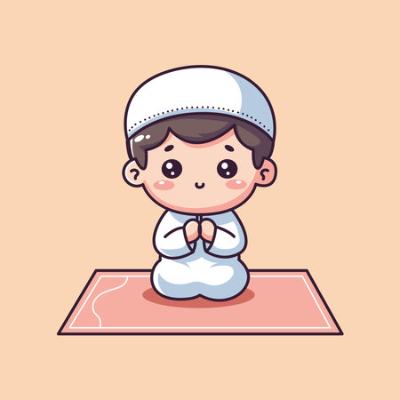Cute Muslim Boy Praying Cartoon Mascot Character Illustrationのイラスト素材