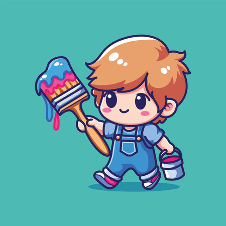 Cute little boy with paint brush. Cute cartoon character.のイラスト素材