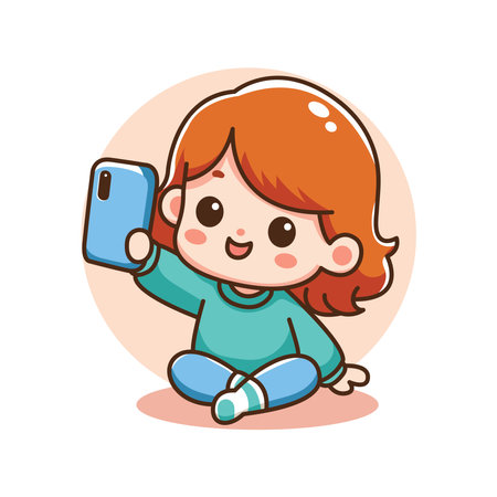 Cute little girl taking a selfie with smartphone. Vector illustration.のイラスト素材