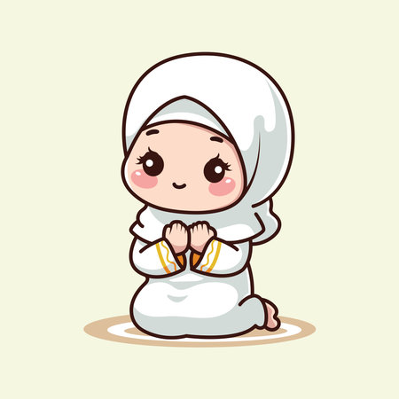 cute little muslim girl praying cartoon vector illustrationのイラスト素材