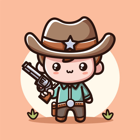 Cowboy Mascot Character Vector Illustration. Cute Wild West Cowboy With Gunのイラスト素材