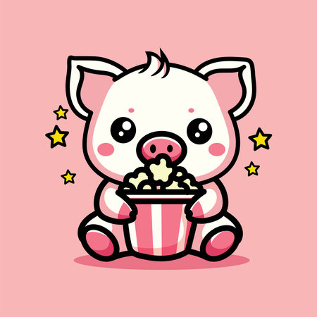 Cute cartoon pig eating popcorn. Vector illustration on pink background.のイラスト素材