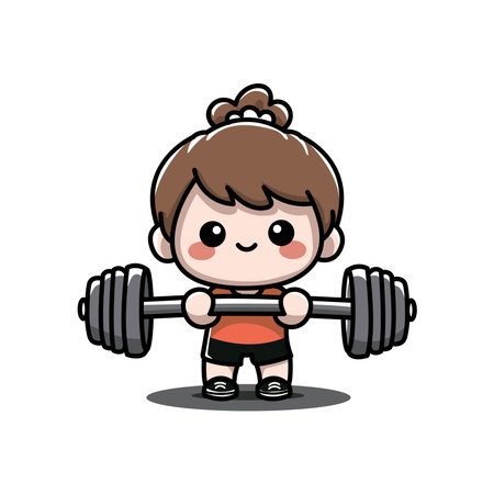 Cute little girl lifting barbell character cartoon vector illustration graphic designのイラスト素材