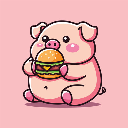 Cute pig eating hamburger. Vector illustration in cartoon style.のイラスト素材