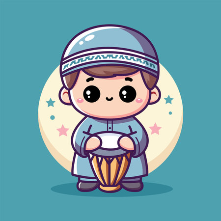 cute muslim boy playing drum kareem vector illustration designのイラスト素材