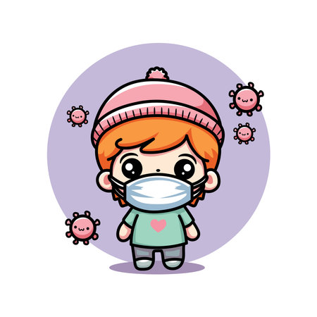 Cute boy with mask and virus on white background. Vector illustration.のイラスト素材