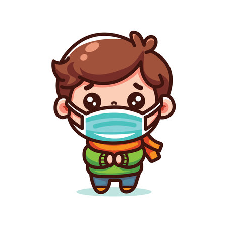 Cute Boy Wearing Face Mask Cartoon Character Vector Illustration.のイラスト素材
