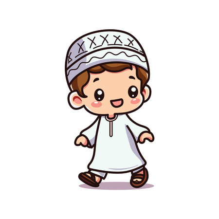 Cute Muslim Boy Cartoon Mascot Character Vector Illustration Designのイラスト素材