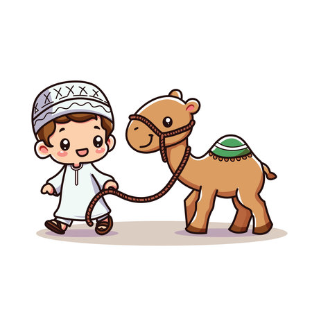 Arabic boy with camel. Cute cartoon character. Vector illustrationのイラスト素材