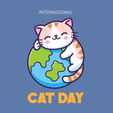 International Cat Day. Cute cat on the globe. Vector illustrationのイラスト素材