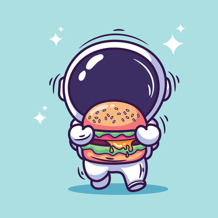 Cartoon funny astronaut with burger in his hand. Vector illustration.のイラスト素材