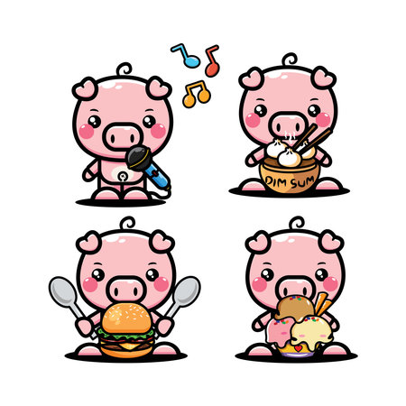 Set of cute cartoon pig characters with different food. Vector illustration.のイラスト素材