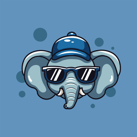 Cute elephant in sunglasses . Vector cartoon illustration isolated on blue background.のイラスト素材