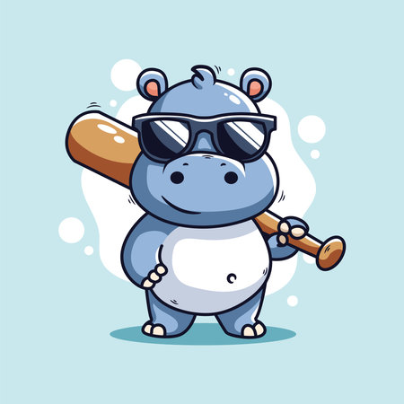 Hippo with baseball bat and sunglasses. Cartoon vector illustration.のイラスト素材