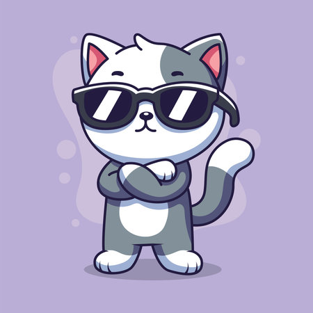 Cute cat wearing sunglasses cartoon character vector illustration.のイラスト素材