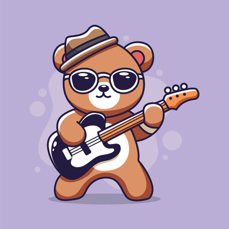 Cute teddy bear in sunglasses with guitar. Vector illustration.のイラスト素材