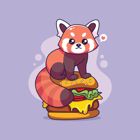 Cute red panda sitting on a big burger. Vector illustration.のイラスト素材