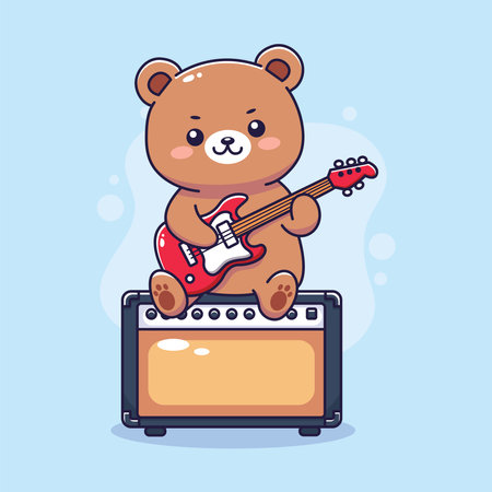 Cute bear with electric guitar and amplifier. Vector illustration in cartoon style.のイラスト素材