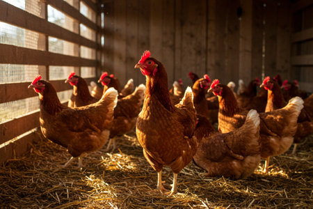 Chickens on traditional free range poultry farm. Rural scene.の素材