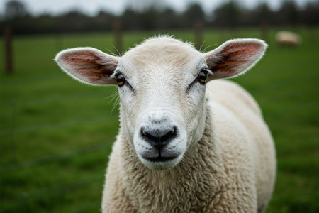 Sheep in a green meadow in the Netherlands. Close up.の素材