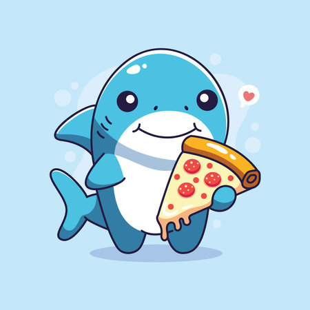Cute cartoon shark character eating pizza. Vector illustration on blue background.のイラスト素材
