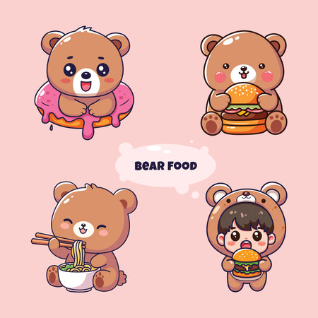 Set of cute cartoon bear character with different food. Vector illustration.のイラスト素材