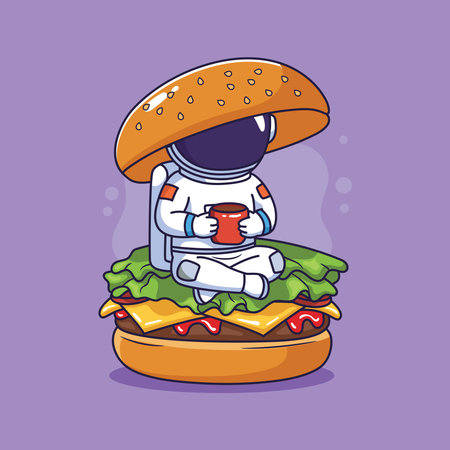 Cartoon astronaut with burger and cup of coffee. Vector illustration.のイラスト素材