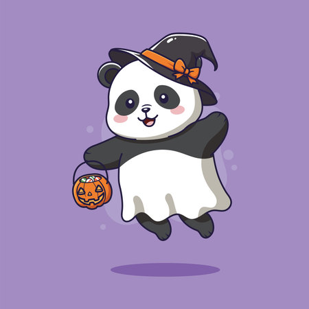 Cute panda in witch costume with pumpkin. Vector illustration.のイラスト素材