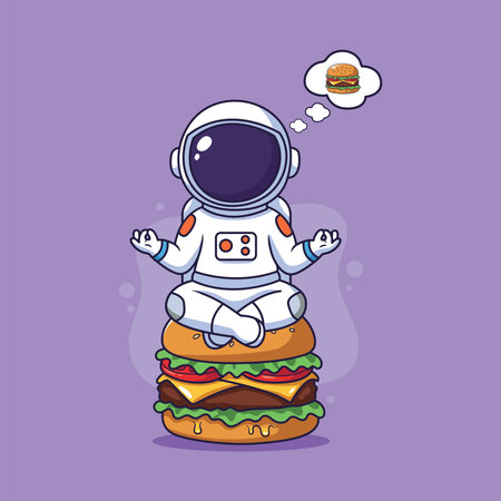 Cartoon astronaut  Meditating on a Giant Burger hamburger. Vector illustration in cartoon style.のイラスト素材