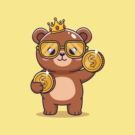 Wealthy cute Bear with Crown and Gold Coins. vector illustrationのイラスト素材