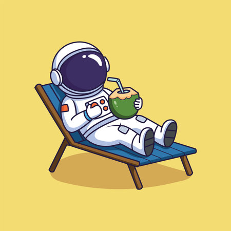 Cute Astronaut Relaxing with Coconut Drink on Lounge Chair. vector illustrationのイラスト素材