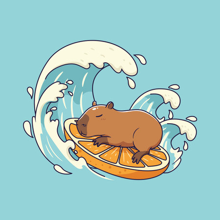 Cute Capybara Surfing on Orange Slice. vector illustrationのイラスト素材