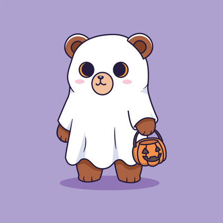 Cute Bear in a Ghost Costume with Pumpkin Basket for Halloween vector illustrationのイラスト素材