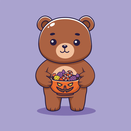 Cute Halloween Bear and Candy Basket. vector illustrationのイラスト素材