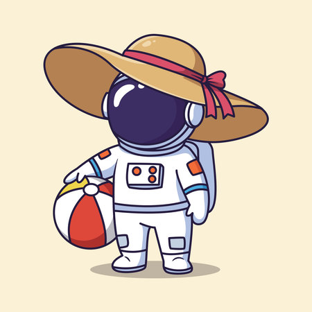 cute Astronaut on vacation with beach ball and sun hat. vector illustrationのイラスト素材