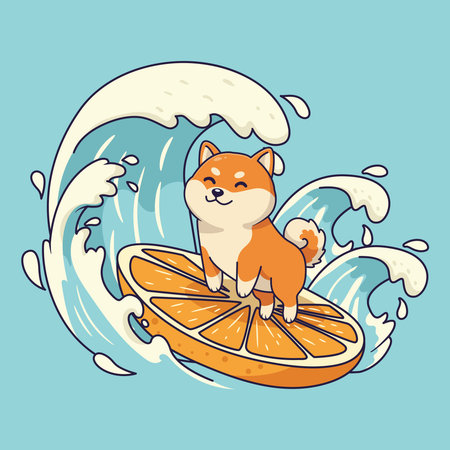 cute Shiba Inu Surfing on an Orange Slice Amidst Waves. vector illustrationのイラスト素材